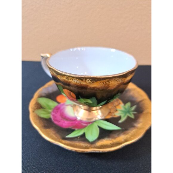 Vintage  Shafford Japan Porcelain Tea Cup & Saucer Fruit  Pinapple Black & Gold - Picture 3 of 11